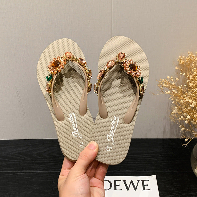 SUNFLOWER Outer Wear Flat Diamond-embedded Beach Slippers