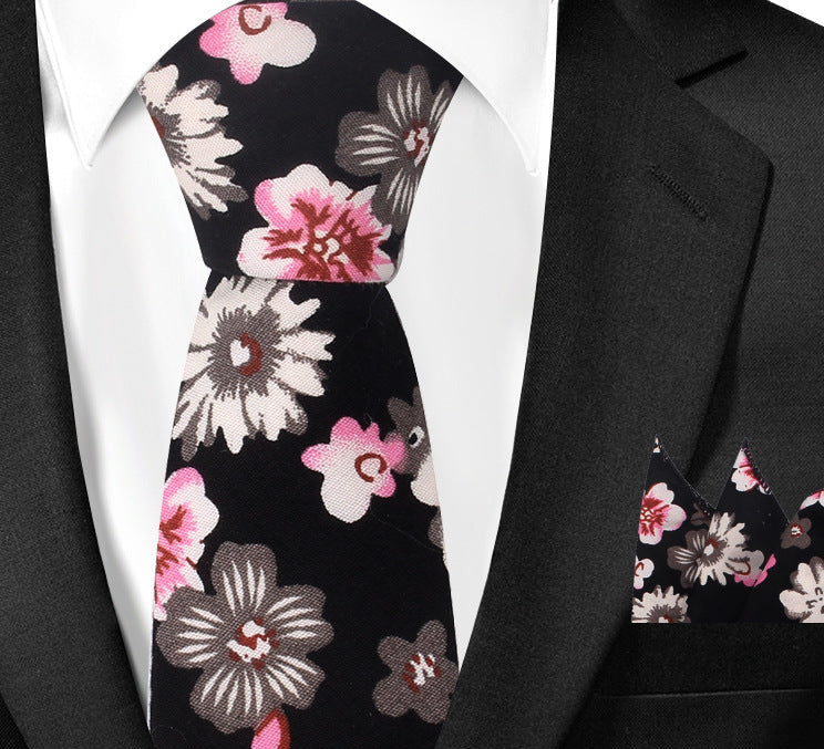 Casual Cotton Floral Print 6cm Casual Tie Pocket Square Suit