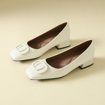 Womens Retro Square-Toe Leather Shoes Low-Heel Chunky-Heel Pumps