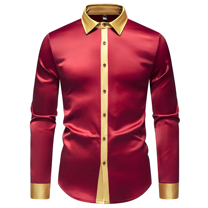 Mens Fashionable Satin-Soft Colorblock Long-Sleeve Shirt