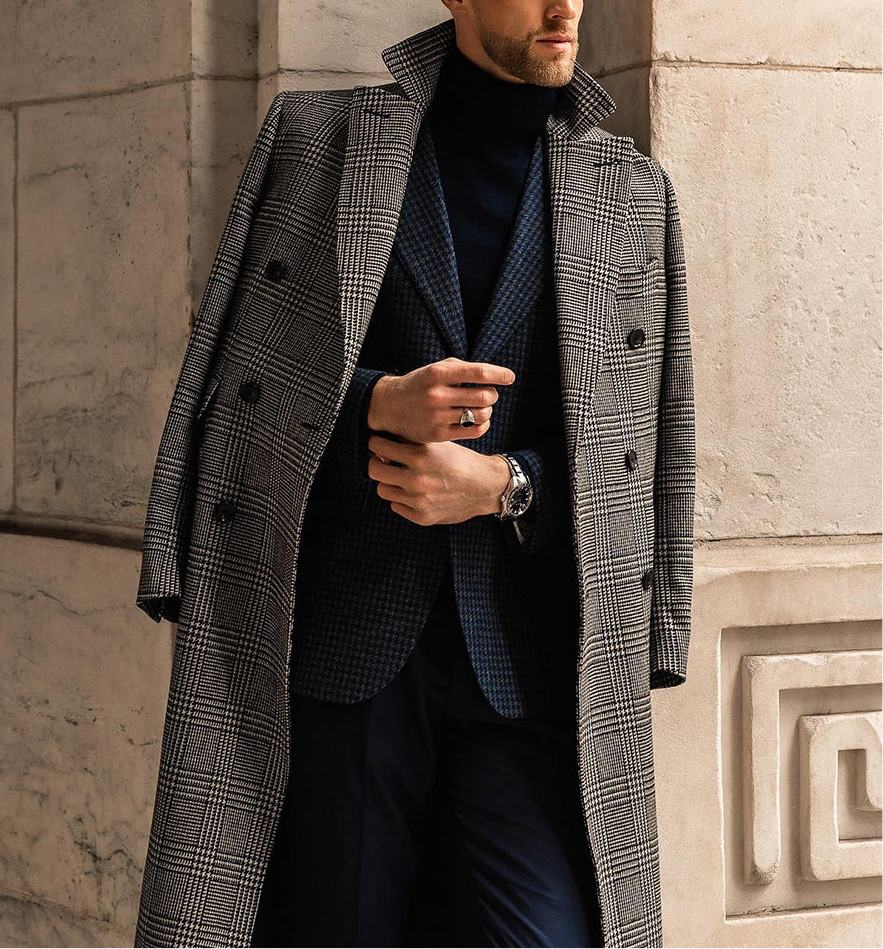 Full Wool Suit Collar Medium Length Double Breasted Checked Overcoat