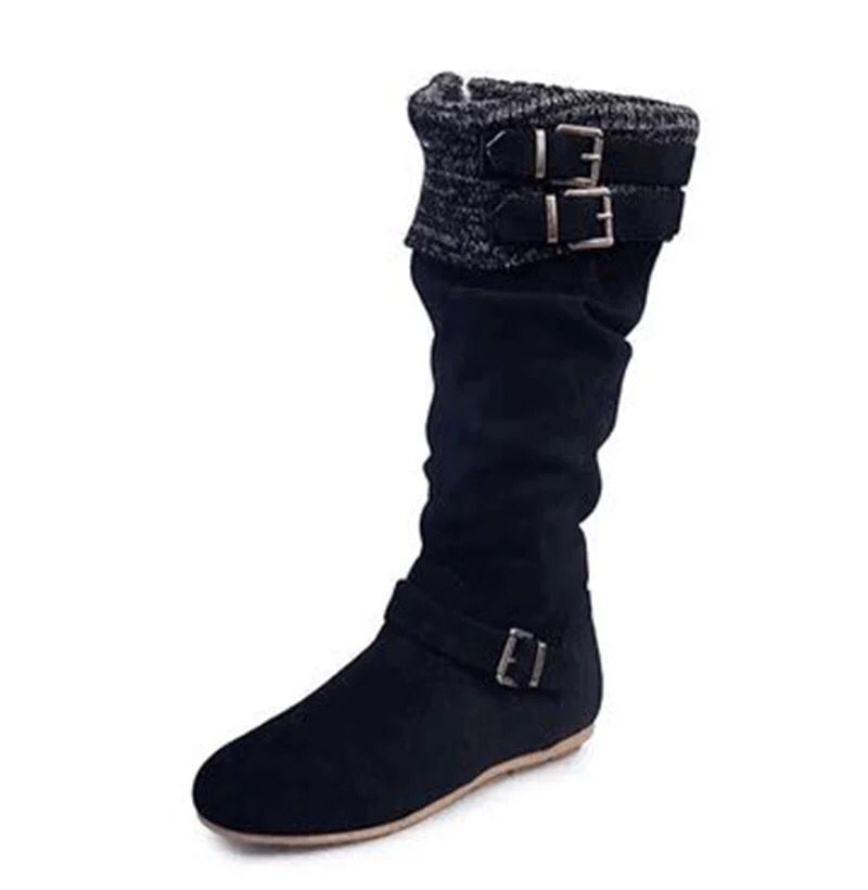High sleeve wool leather button flat heel Knight boots