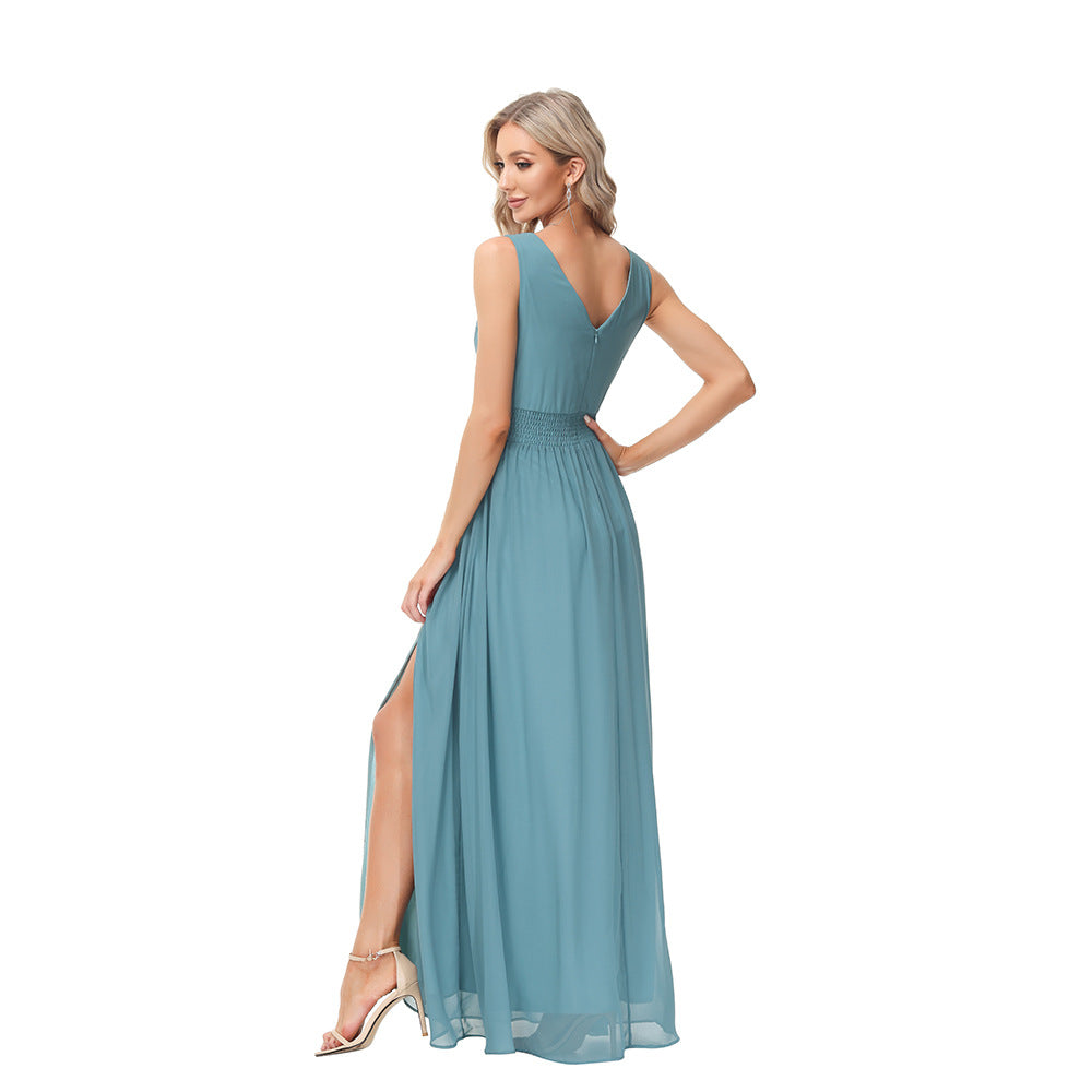 Chiffon Double V-neck Sleeveless A- Line Evening Dress