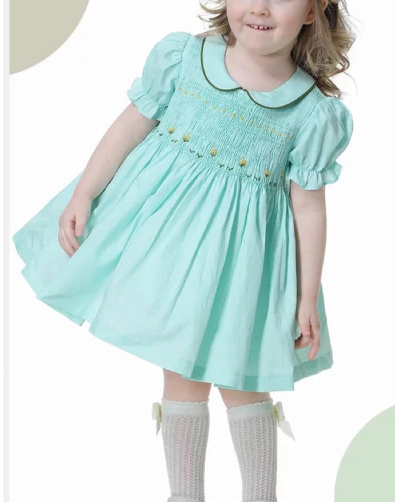 Handmade Cotton Blue And Short-sleeved Dress