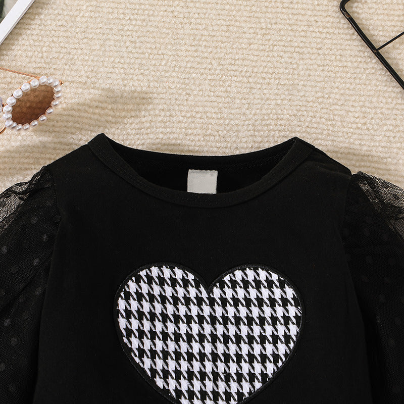 Infant Toddler Long-sleeved Pullover Skirt Two-piece Girl's Cute Love Top Tartan Skirt Suit
