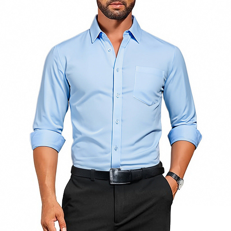 Men's Breathable Stretch Wrinkle-resistant Solid Color Long Sleeve Shirt