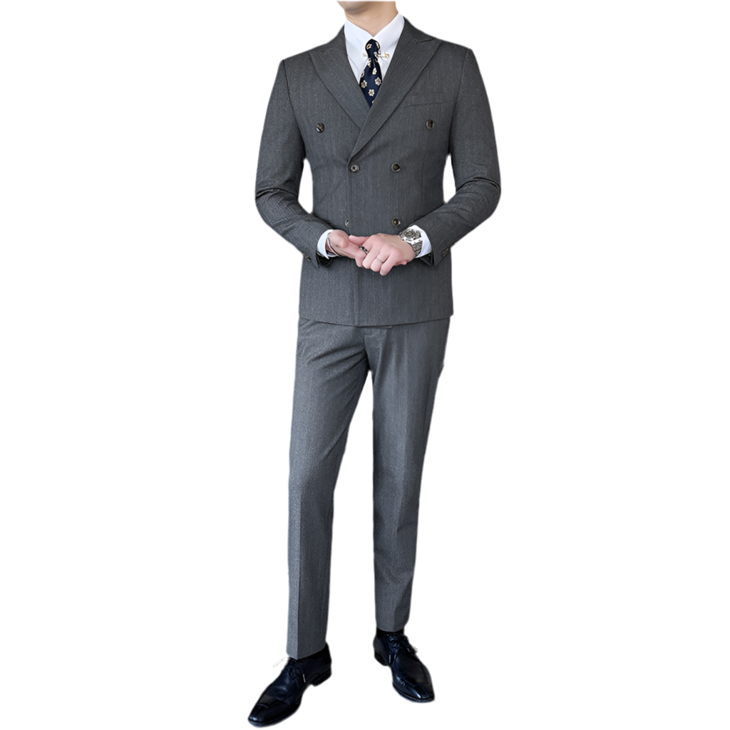 Peak-lapel Coat With Double-breasted Design Textured Stripes And A Three-piece Set