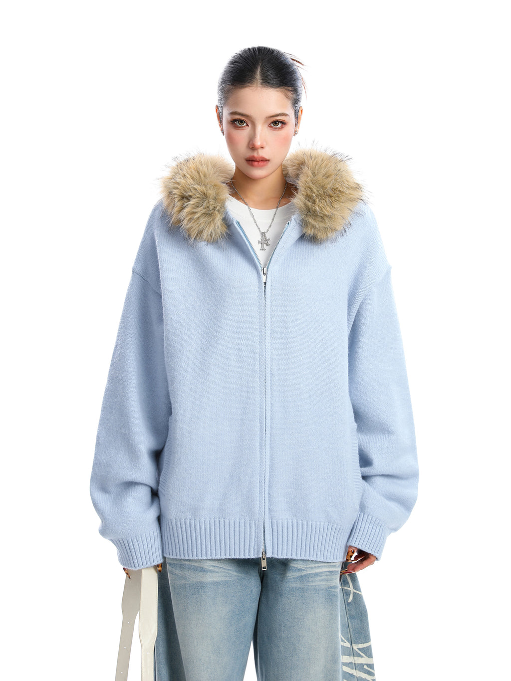 Detachable Fur Collar Hood Sweater Coat