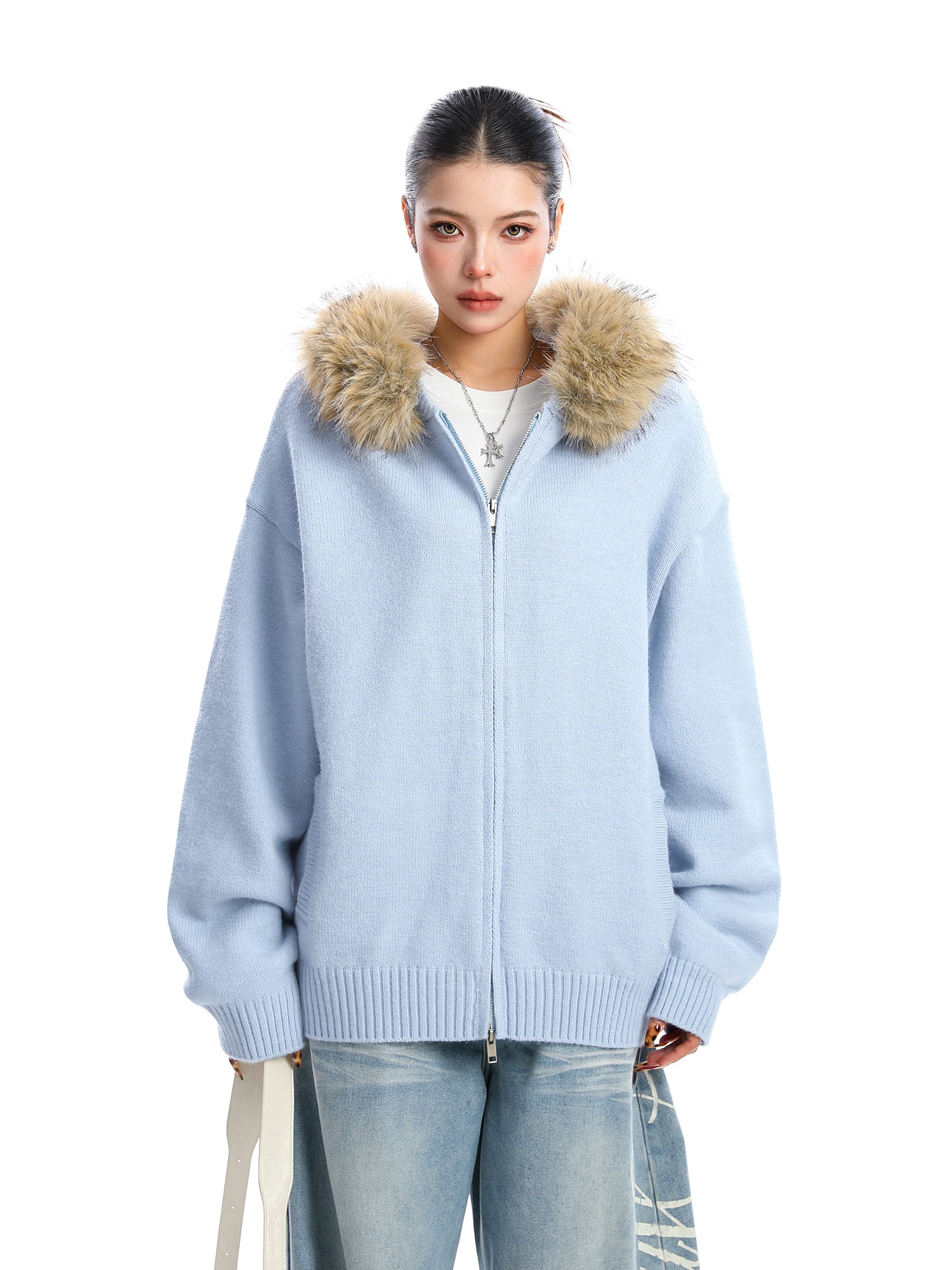 Detachable Fur Collar Hood Sweater Coat