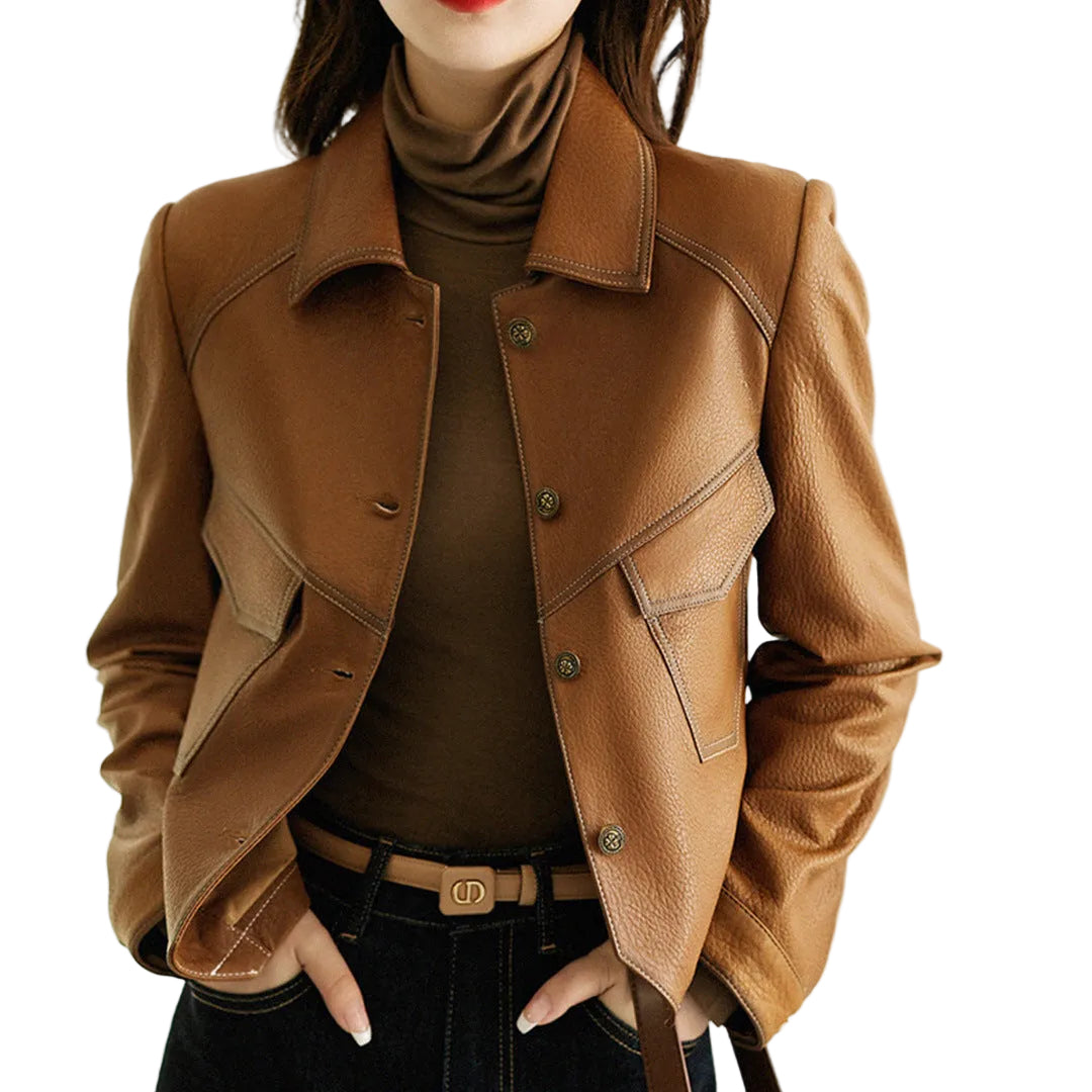 Coat Collar Buckle Leather Women's Short Slim-fitting Biker