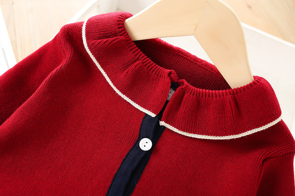 Children's Suit Korean Style Solid Color Knitted Cardigan Two-piece Suit Skirt