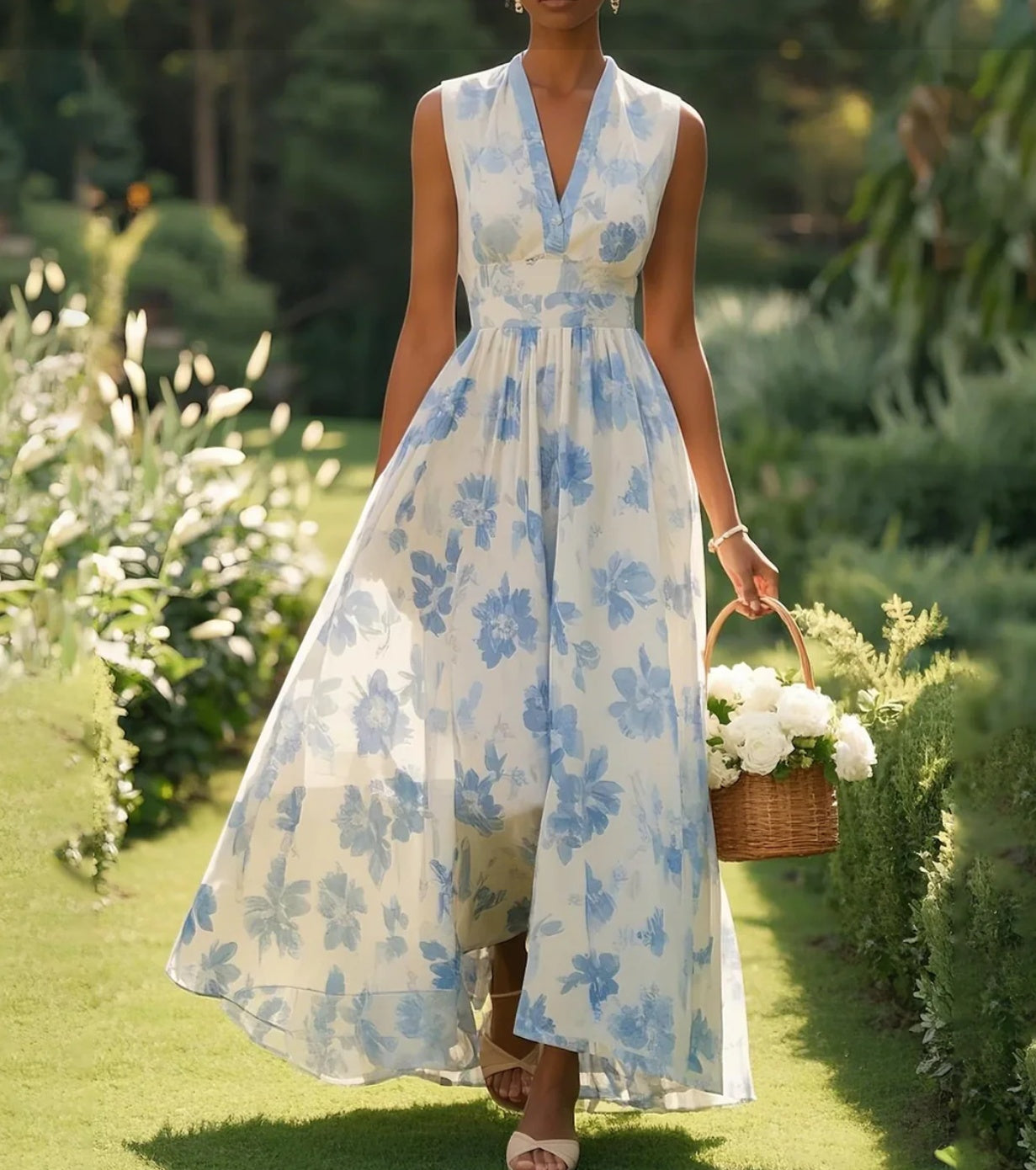 Digital Printing Women V-neck Sleeveless Maxi Dress