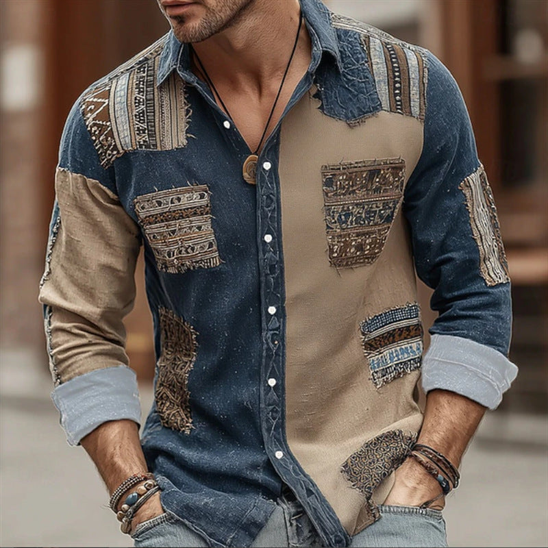 Mens Long-sleeve Striped Printed Shirt