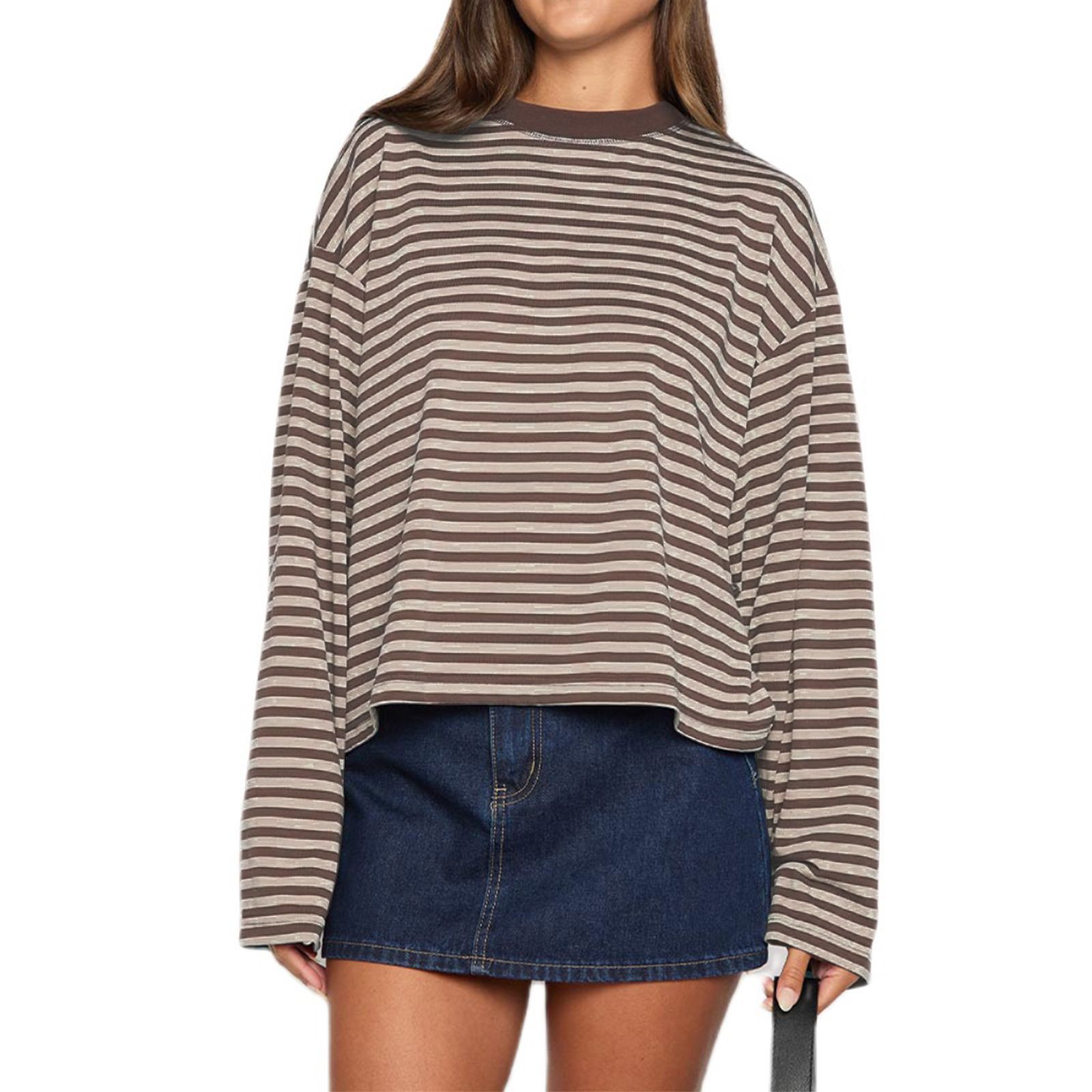 Round-neck Cotton Long-sleeve Striped T-shirt