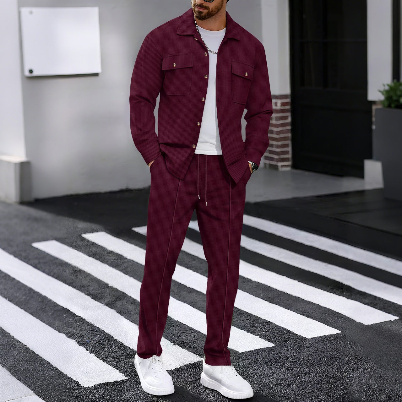 Waffle Long-sleeved Trousers Casual Suit