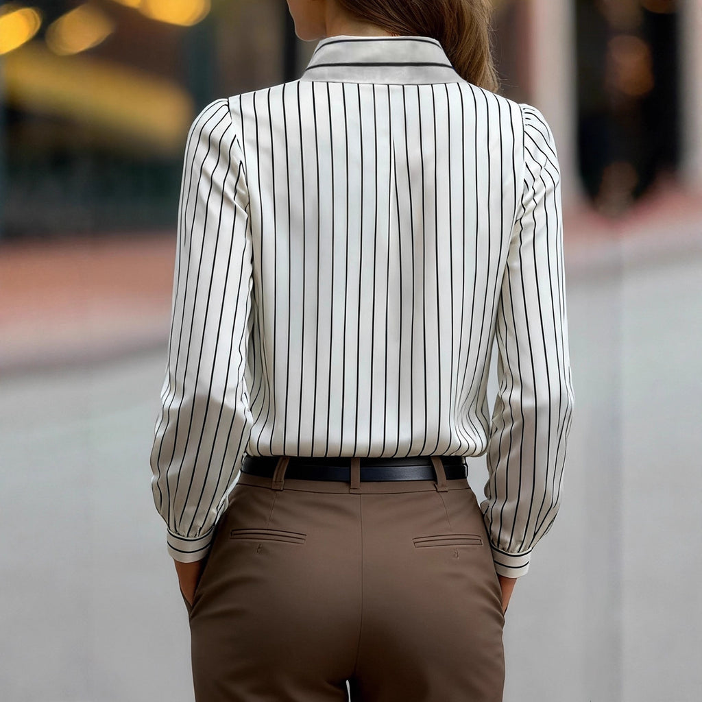 Black And White Striped Silky Satin Lapel Shirt