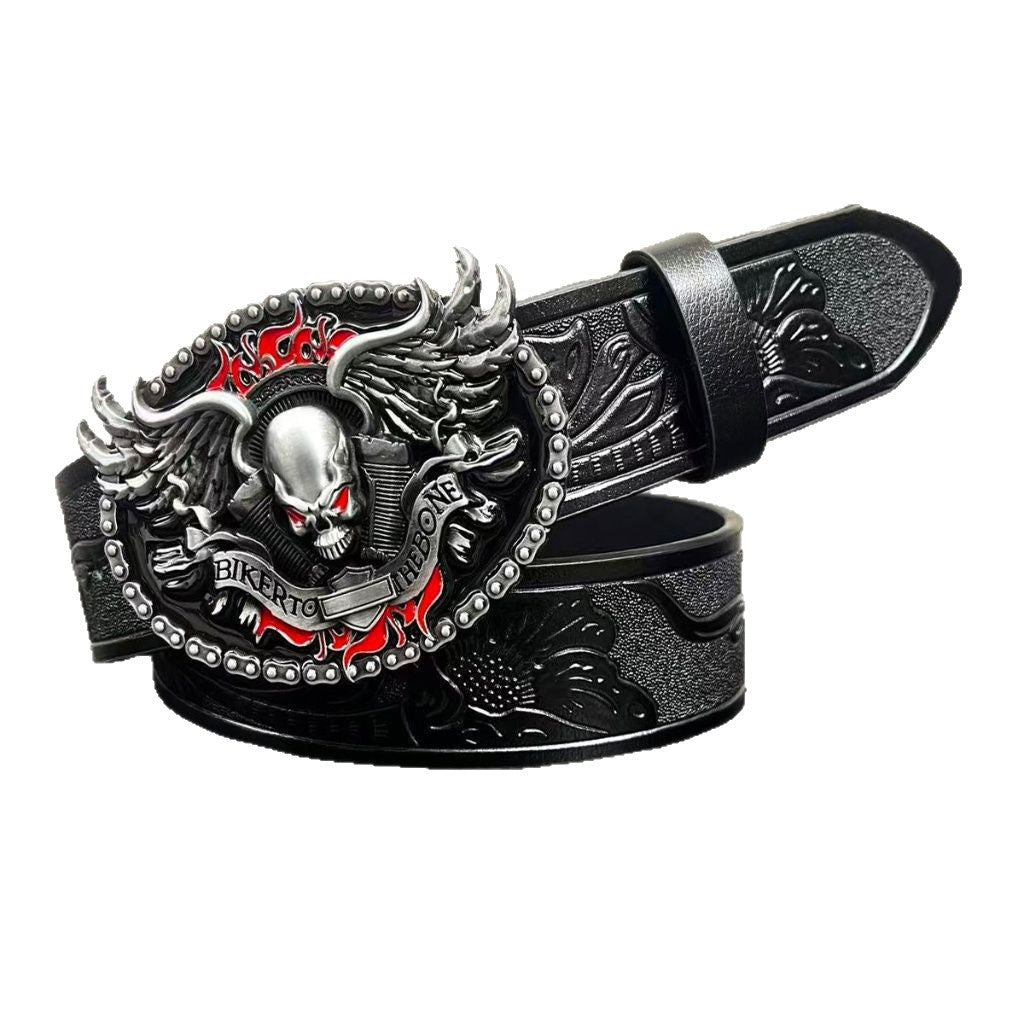 Mens Alloy-buckle Leather Belt With A Vintage Embossed Design