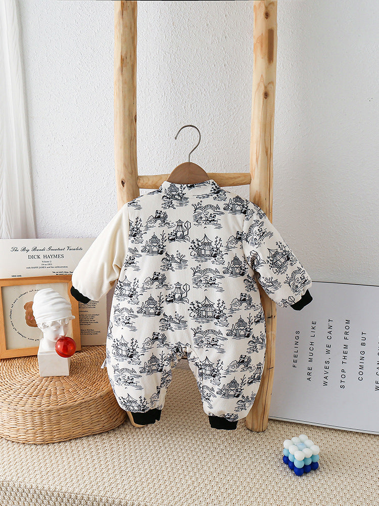 Baby Autumn And Winter Onesie Newborn Chinese Wind Panda Go Out Clothes Plus Velvet Thickened Romper