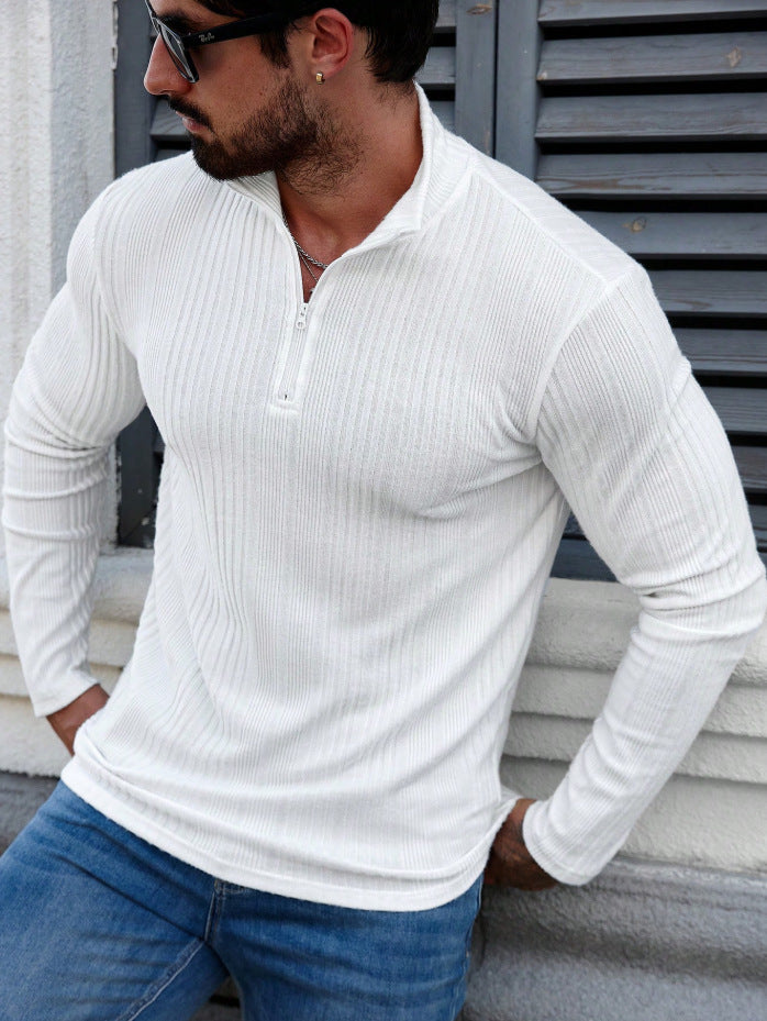 Casual Stand-up Collar Pullover Slim-fit Solid-color Ribbed Long-sleeve Hoodie