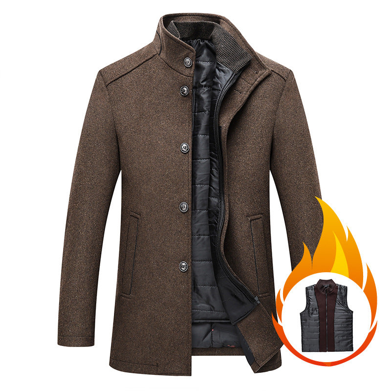 Casual Men's Wool Coat Men's Warm Stand Collar Wool Coat