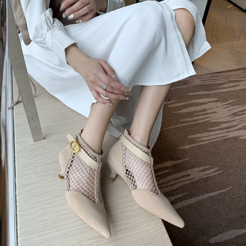 Hollow Low-heeled Net Boots Sheepskin Pointed-toe Stiletto Sandals