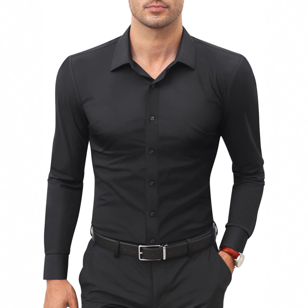 Mens Slim-Fit Solid-Color Work Shirt