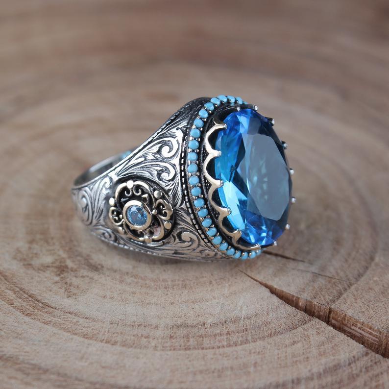 European And American New Style Inlaid Sea Blue Zircon Ring