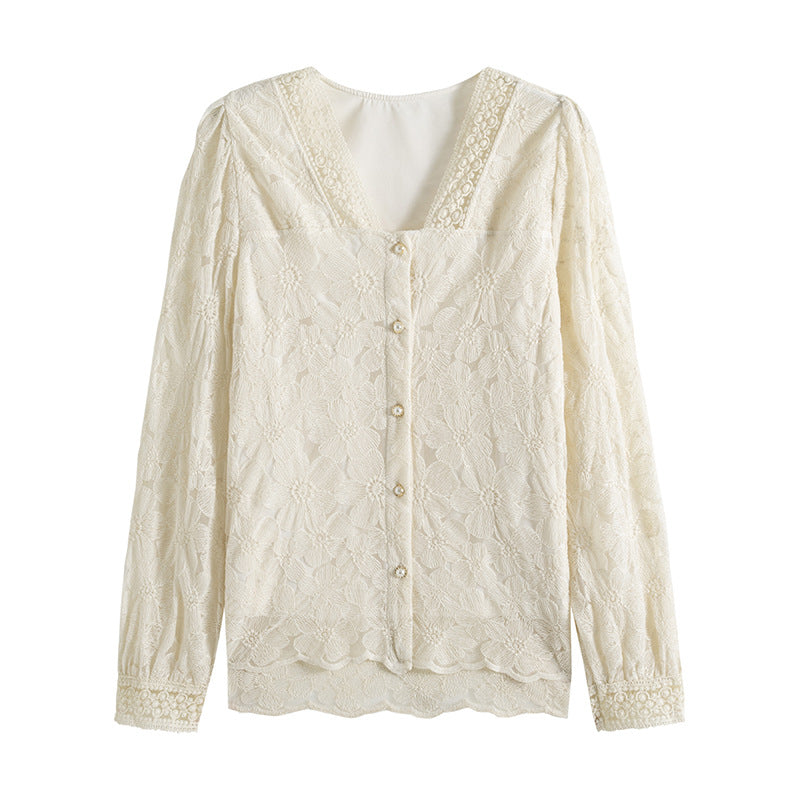 V-Neck Balloon Sleeve Long Sleeve Shirt Women's Top