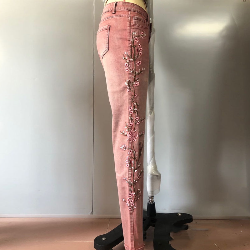 Embroidered retro style embroidered straight-leg jeans