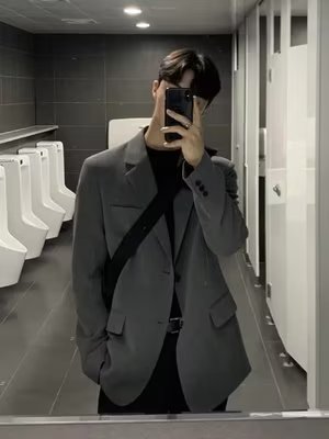 Men's Autumn Loose-Fit Black Single-Breasted Suit Jacket