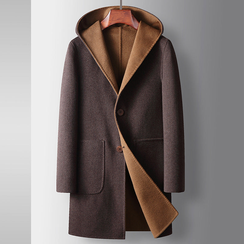 Mens Mid-Length Wool Coat With A Hood Reversible Style
