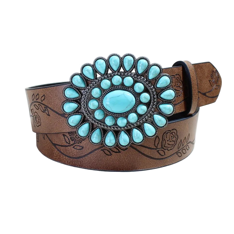 Flow New Rose Pattern Printed Green Pine Beads Alloy Buckle Belt