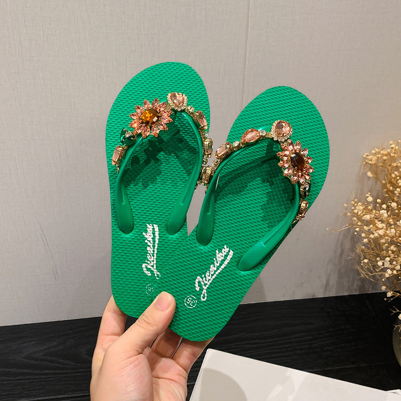 SUNFLOWER Outer Wear Flat Diamond-embedded Beach Slippers