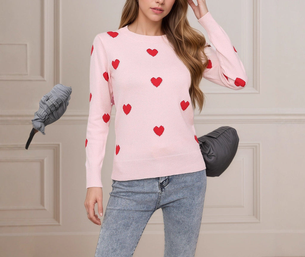 Heart Jacquard Round Neck Pullover Sweater