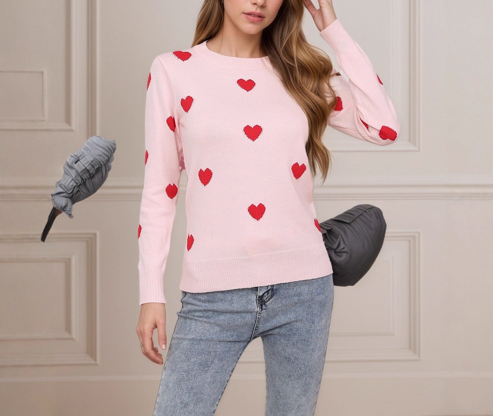 Heart Jacquard Round Neck Pullover Sweater