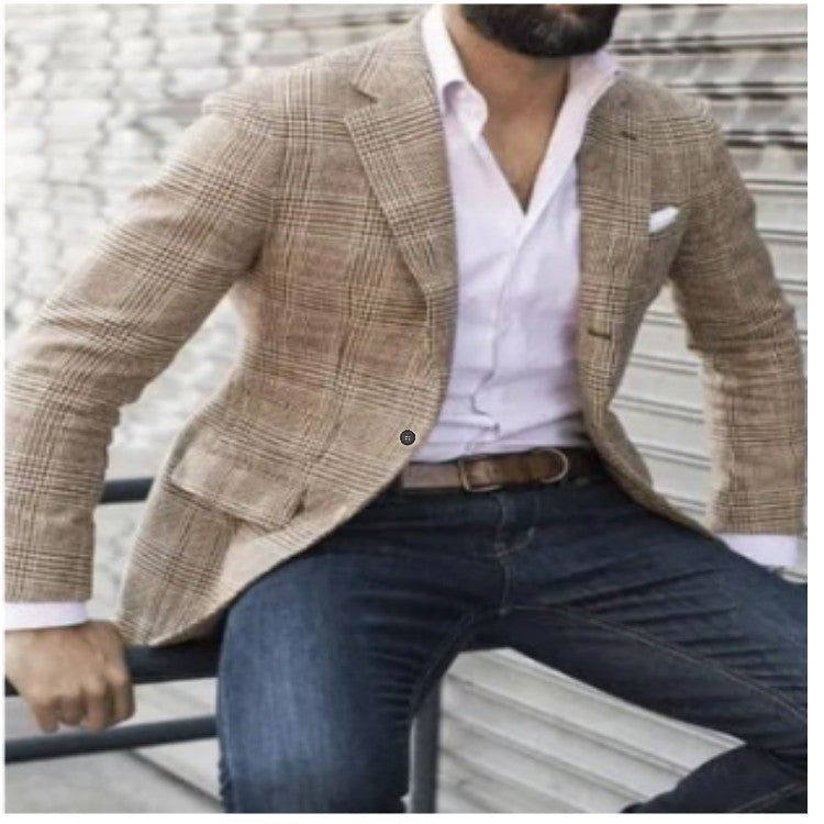Mens Casual Plaid Slim-fit Suit Jacket