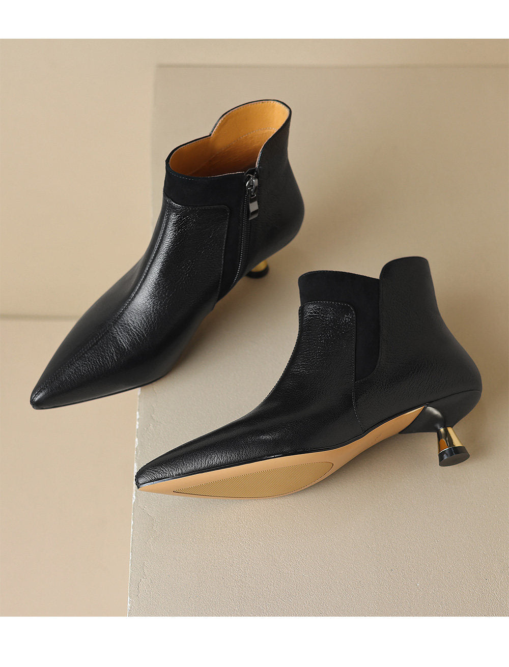 Genuine Leather Pointed-toe Kitten Heel Ankle Boots With A Sleek Mid-heel Design