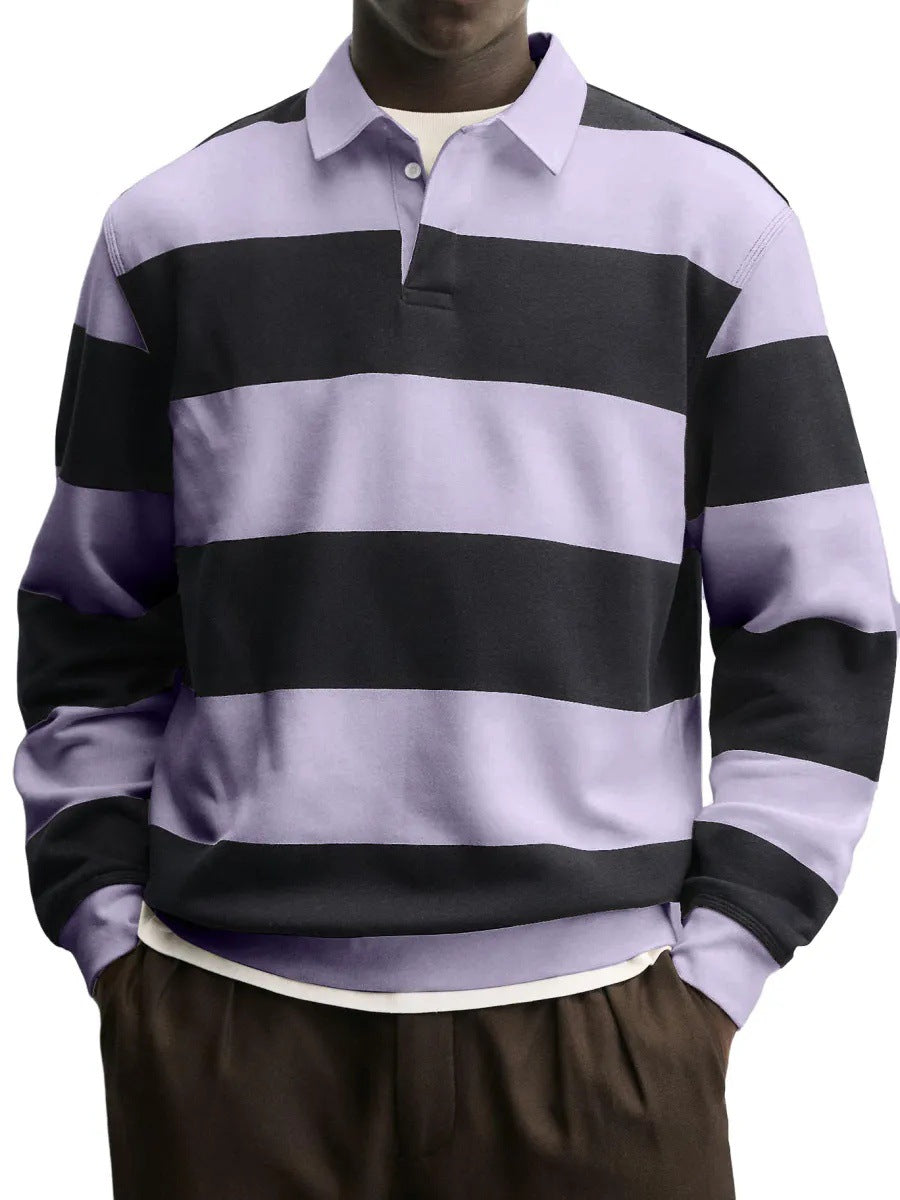 Mens Loose-collar Long-sleeved Striped T-shirt