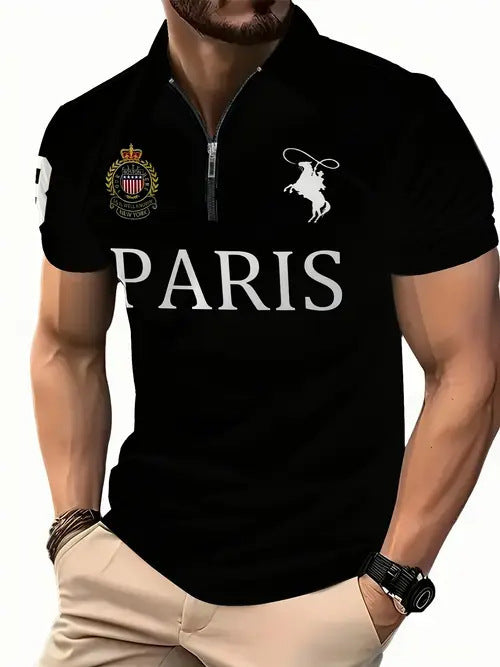 Summer High-End Business Streetwear 3D Digital Print Lapel Mens Zip-Up Polo Shirt