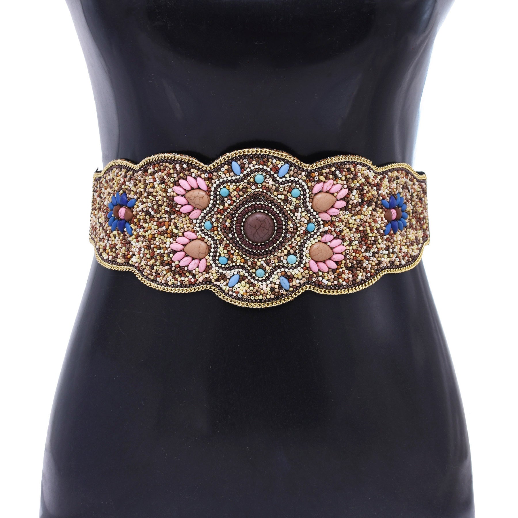 Beaded And Pressed Imitation Turquoise Elastic Waistband  Belt