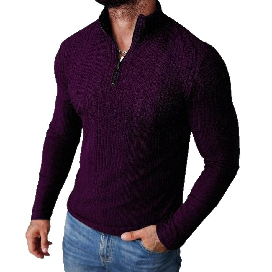 Casual Stand-up Collar Pullover Slim-fit Solid-color Ribbed Long-sleeve Hoodie
