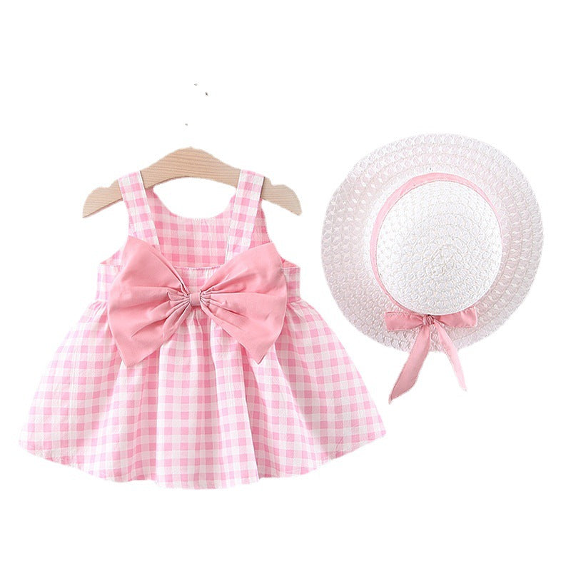 Baby Girl Plaid Skirt with  Straw Hat
