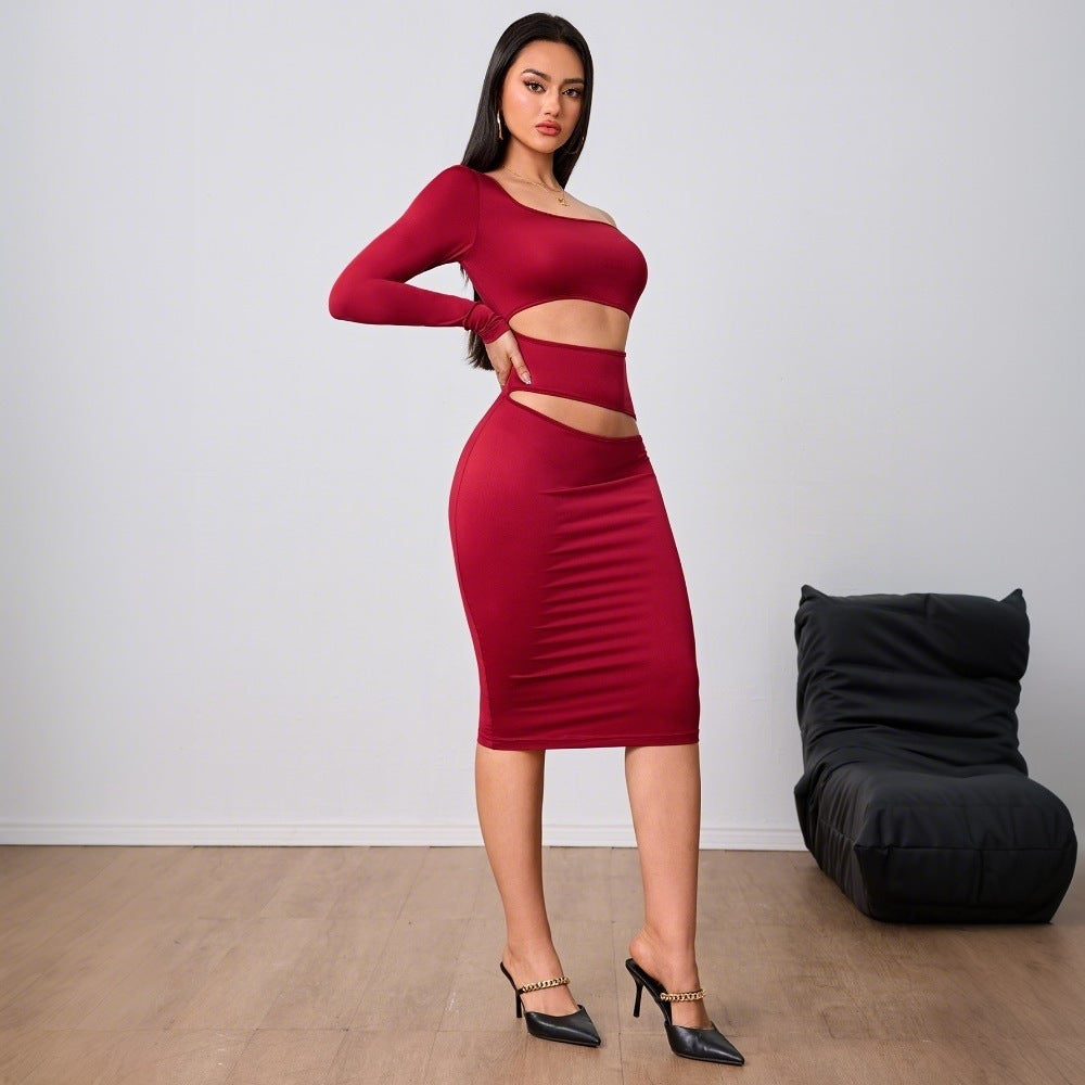 Women's Wine Red Socialite Style Dress New Autumnwinter Single-sleeve Midi Dress