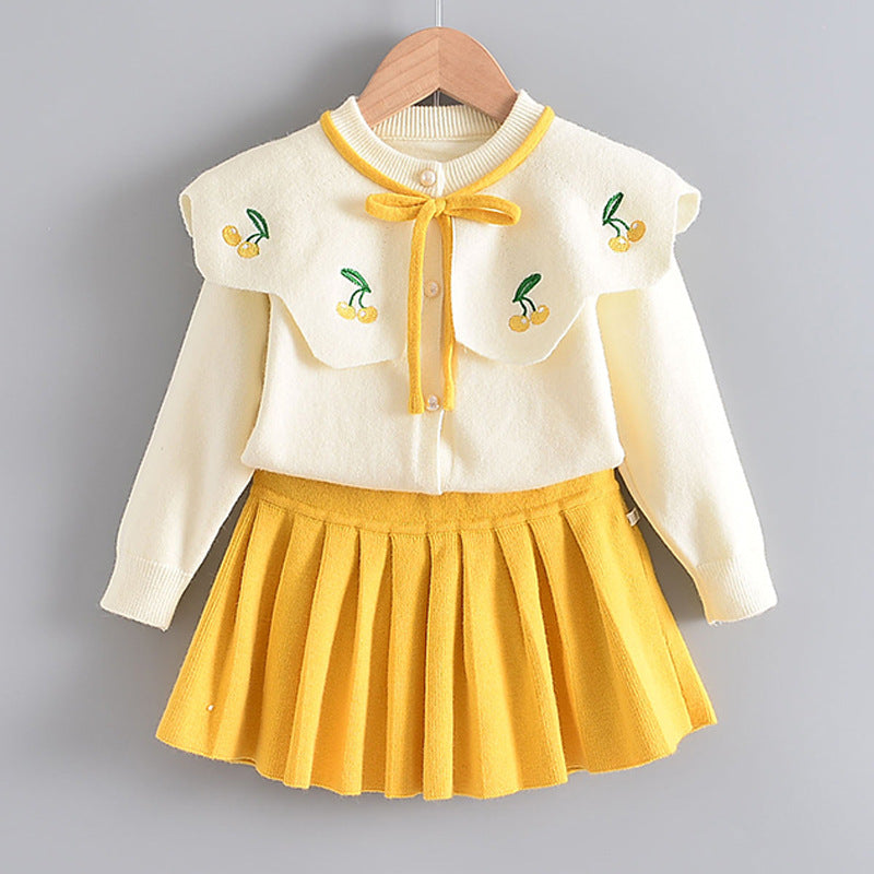 Western Style Knitted Two-piece Sweater Children Cute Long Sleeve Suit Skirt