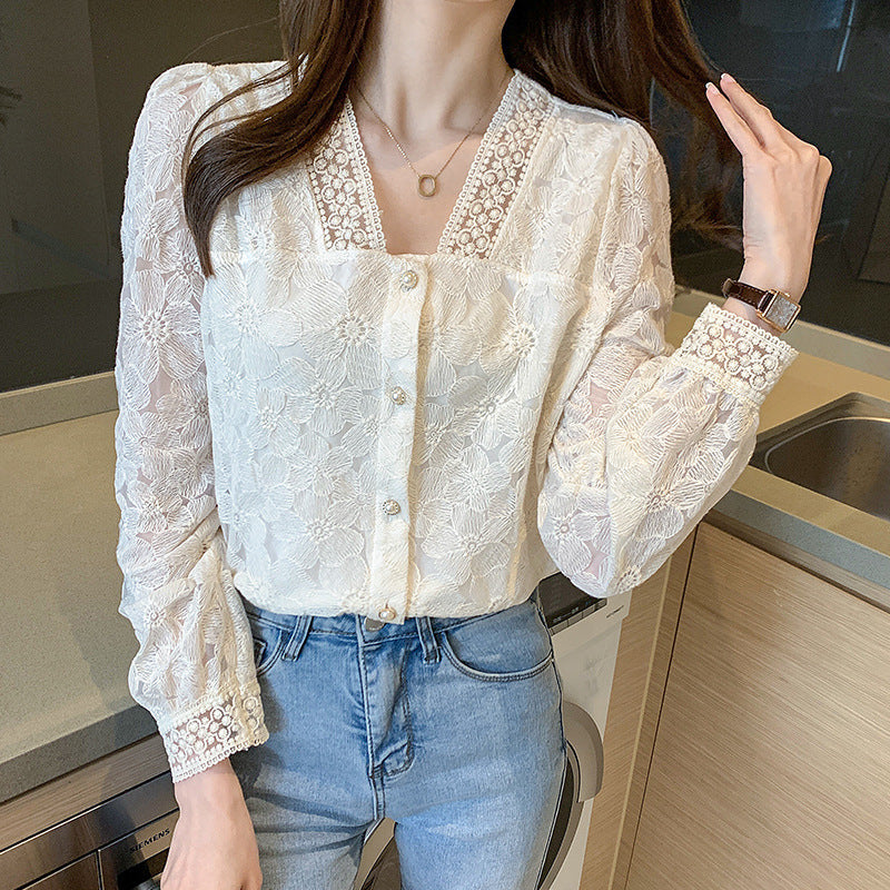 V-Neck Balloon Sleeve Long Sleeve Shirt Women's Top