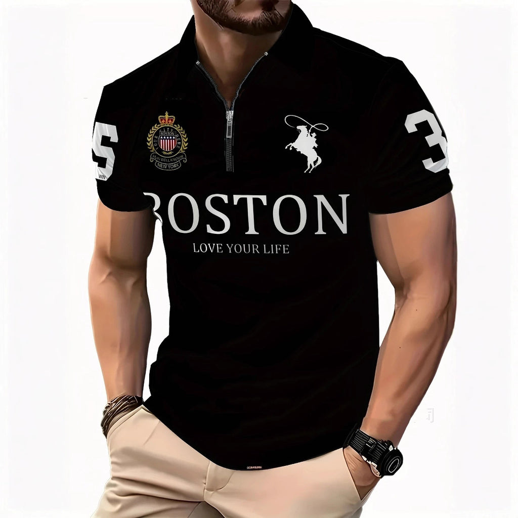 Summer High-End Business Streetwear 3D Digital Print Lapel Mens Zip-Up Polo Shirt