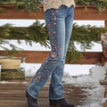 Embroidered retro style embroidered straight-leg jeans