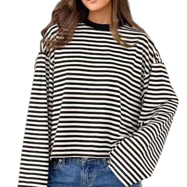 Round-neck Cotton Long-sleeve Striped T-shirt