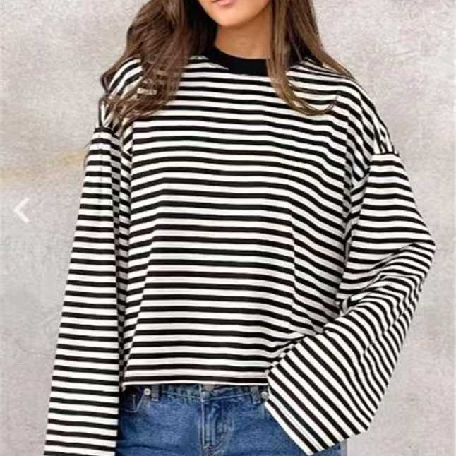 Round-neck Cotton Long-sleeve Striped T-shirt