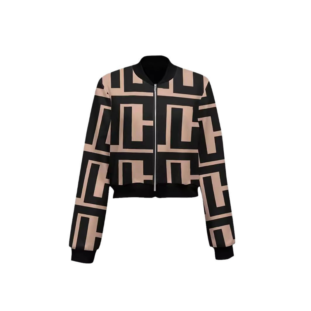 Women's Zipper Geometric Print Casual Long-sleeved Jacket